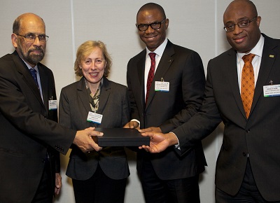 Cap:  L-r: Mr. Hiren Singharay, MD/Head of Syndications Europe & Africa of Standard Chartered Bank; Mrs. Mathilde Anthuber, director, Financial Institutions North Africa Coverage of Commerzbank AG; Mr. Segun Odusanya, Deputy Managing Director of First City Monument Bank Limited and Mr. Gerald Ikem, the Bank’s Group Head, Treasury & Financial Markets at the signing of agreement for  a $150million loan facility with Commerzbank Aktiengesellschaft and Standard Chartered Bank.